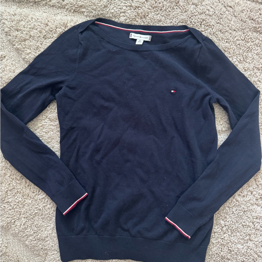 Tommy Hilfiger Navy Long Sleeve Boat Neck Top with Signature Trim Two Toned XS